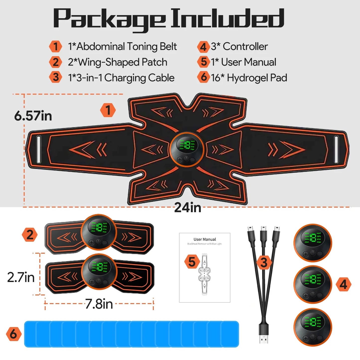 Abs Stimulator, Ab Stimulator, Rechargeable Ultimate Muscle Toner Trainer for Men Women Abdominal Fitness Workout EMS Muscle Stimulation with 16 Extra Gel Pads