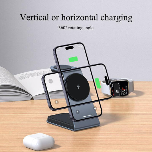 3-In-1 Magnetic Wireless Charger Stand, 15W Aluminum Alloy Magsafe Charging Station for Iphone 15/14/13/12 Series, Airpods 3/Pro/2, Iwatch Ultra/8/7/ 6/SE/5/4/3/2 Devices Durable Cellphone